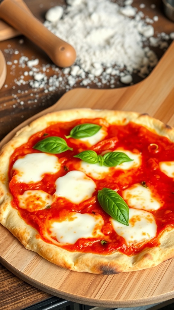 A slice of thin‑crust pizza topped with fresh ingredients on a wooden board